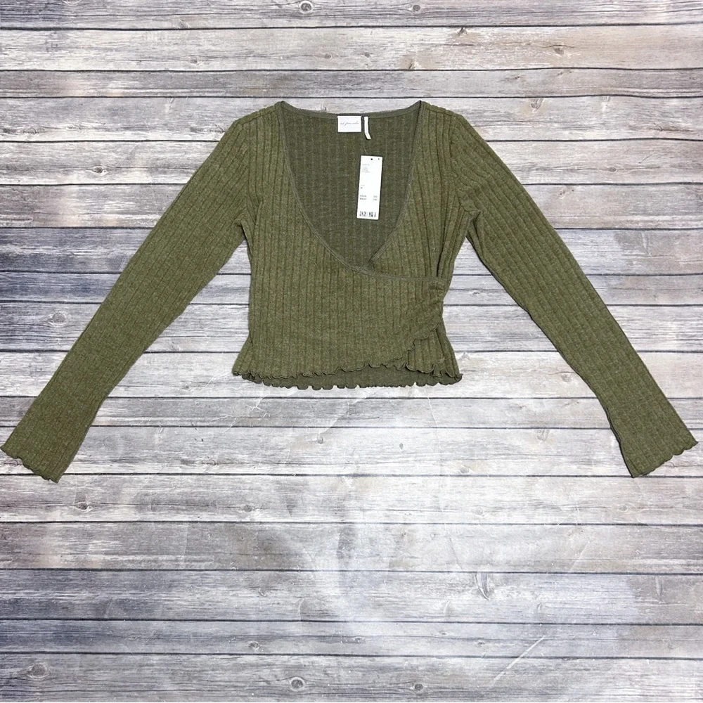 Out From Under Olive Green Lila Ribbed Faux Wrap Brushed V Neck Lounge Top NWT